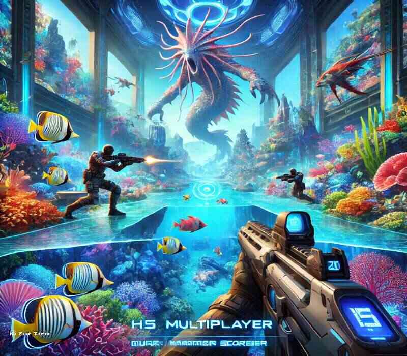 Underwater arcade-style shooting game scene from H5 Fire Kirin featuring vibrant marine life, mythical creatures, and a player with a futuristic weapon. Includes multiplayer elements and glowing special effects, emphasizing dynamic gameplay in a visually immersive environment.