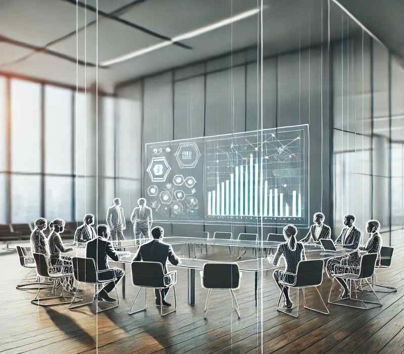 Business Ftasiastock image featuring a professional team in a modern office, engaged in a strategic discussion with charts and minimalist design elements.