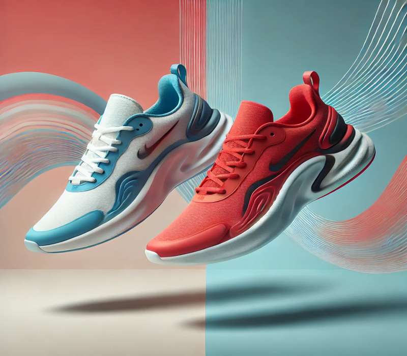 Two floating sneakers, one in blue and white, the other in red, against a gradient background with abstract patterns. Minimalistic, modern design with soft shadows.