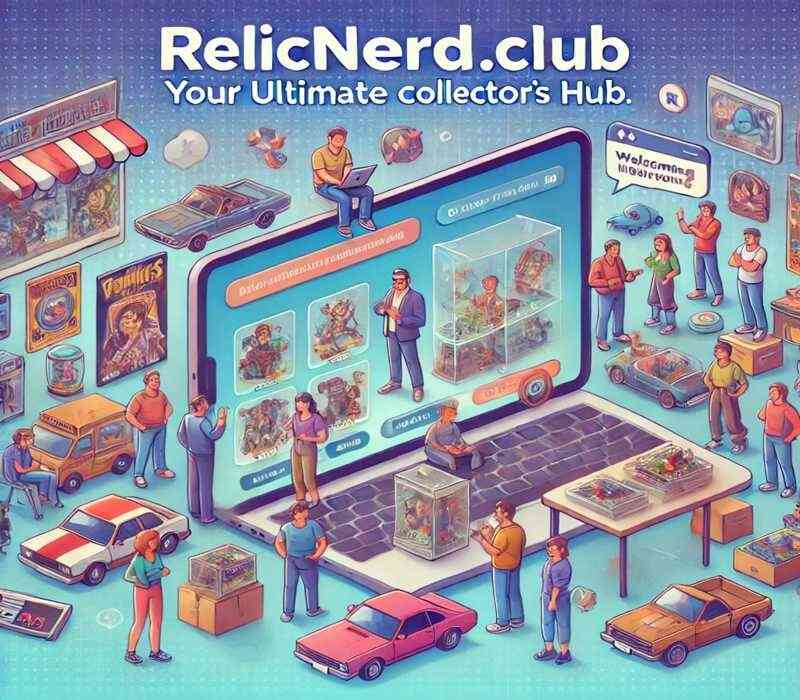 Illustration of an online community for collectors on Relicnerd.club, featuring vintage toys, comics, and retro video games displayed on a sleek digital platform interface. Diverse users are shown interacting, trading, and chatting around collectibles, creating a welcoming and secure space for enthusiasts.