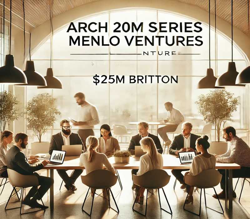 Diverse group of professionals collaborating at a table in a modern office, discussing strategic financial planning, with overlay text 'Arch 20M Series Menlo Ventures $25M Britton.