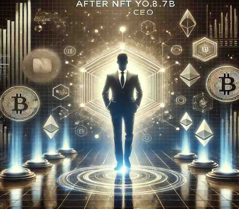 Digital artwork showcasing 'after nft yoy 8.7b opensea ceo,' with a futuristic leader surrounded by blockchain visuals, tokens, and data charts.