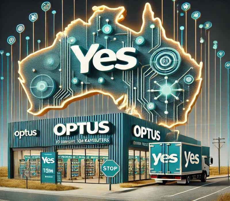 Australian Optus 10M Kayereuters initiative: A modern technology store front showcasing Optus’s commitment to expanding connectivity in remote Australian areas, featuring the prominent 'Yes' logo and a digital map of Australia highlighting improved network coverage.