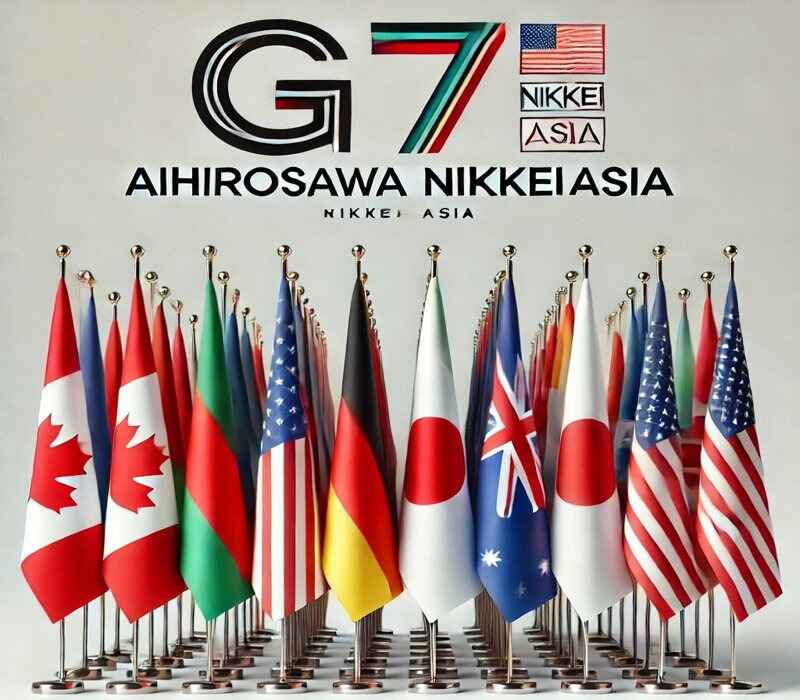 Flags of G7 countries (Canada, France, Germany, Italy, Japan, UK, USA) arranged in a row with 'G7 Aihirosawa NikkeiAsia' text above, representing global collaboration between East and West.