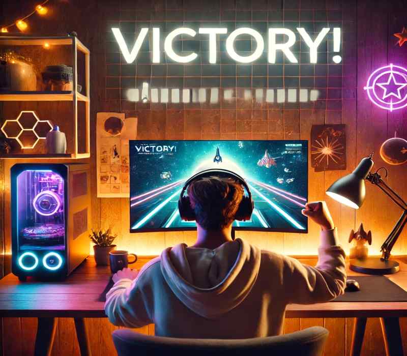 Excited gamer celebrating a win in a space-themed video game setup, featured in a cozy, futuristic room. Gaming Review Miracoup victory moment with neon lights and sci-fi elements.