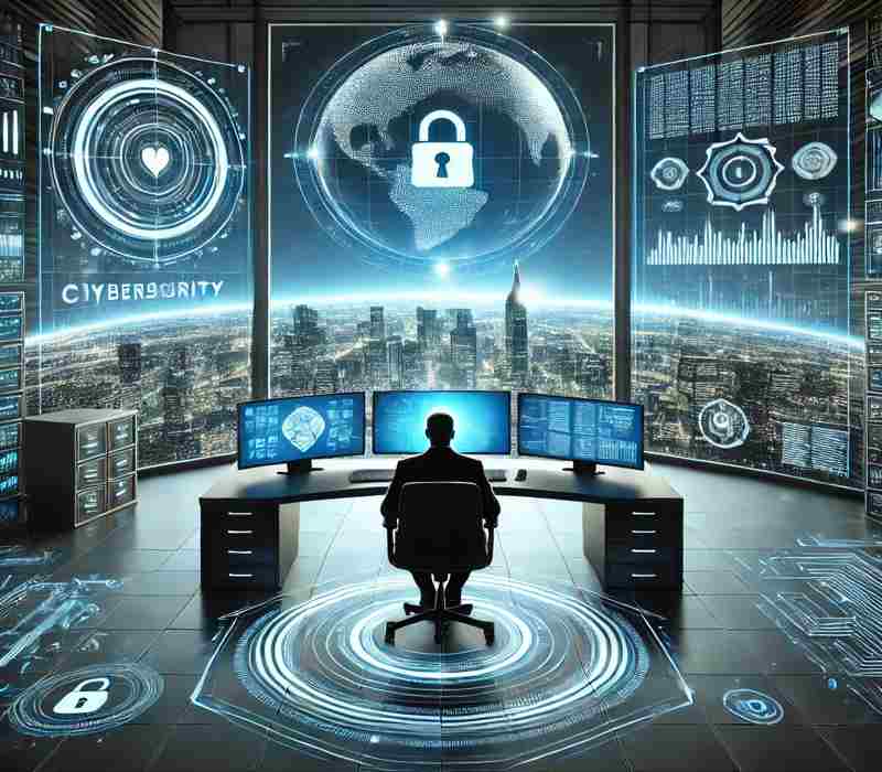 A futuristic cybersecurity-themed illustration showing a person working at a desk with multiple screens, overlooking a glowing digital cityscape. The scene includes a digital globe and data streams in the background, with blue and white tones emphasizing a sleek and modern design focused on technology and online security.