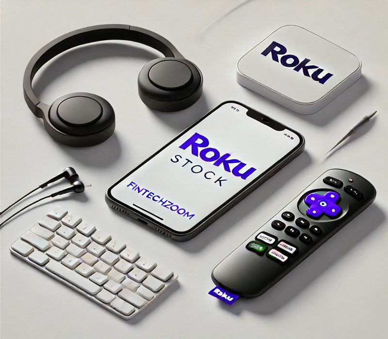 Fintechzoom Roku Stock displayed on a smartphone screen with headphones, a remote, and a clean, minimalistic background, symbolizing stock analysis and streaming technology.