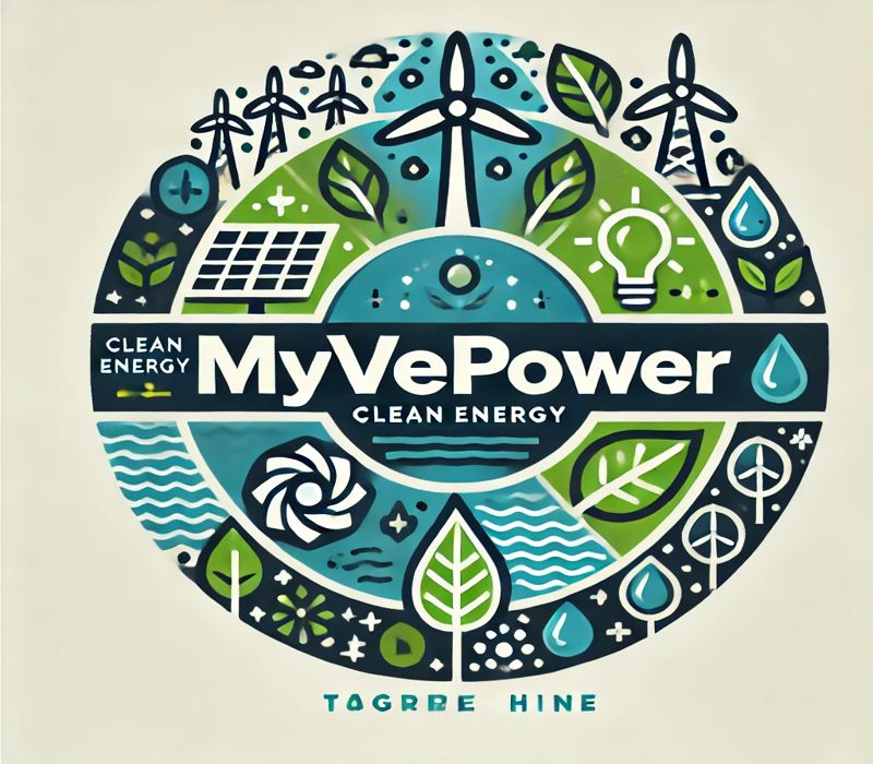 MyvePower logo featuring clean energy symbols like a solar panel, wind turbine, and leaf in a modern, eco-friendly design with green and blue colors.