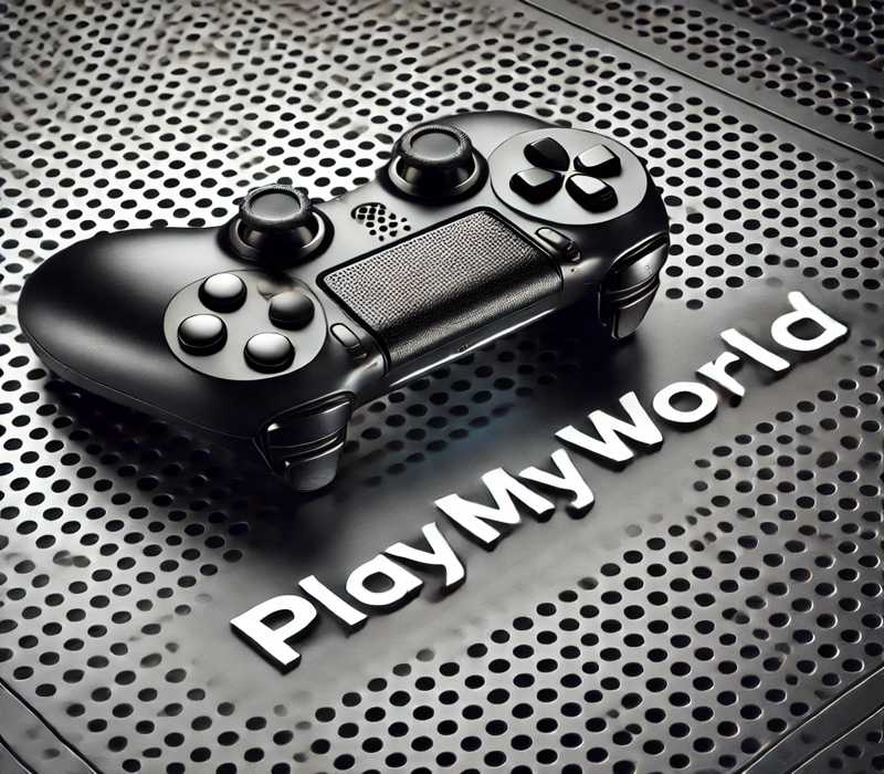 Black gaming controller placed on a futuristic perforated metallic background with the text 'PlayMyWorld.com' prominently displayed, highlighting a sleek and modern gaming aesthetic.