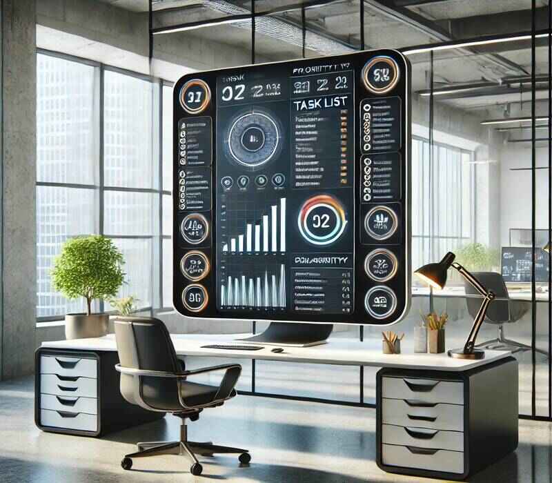 High-tech workspace showcasing Listcrollers task management interface with organized task lists, priority settings, and collaboration tools on a large screen.