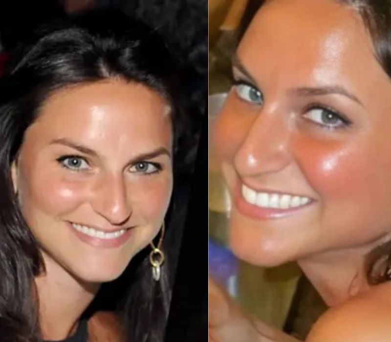 Two side-by-side close-up photos of a smiling woman with long dark hair and blue eyes, wearing earrings and appearing happy.