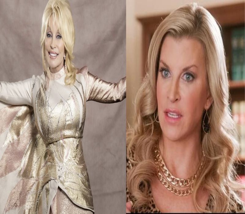 A side-by-side image of two women: the left features a woman in a shiny gold outfit with blonde hair and a smile, and the right shows a woman with long blonde hair, wearing gold jewelry and a serious expression.